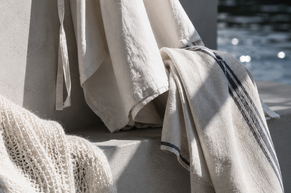 Natural linen towels draped over a concrete ledge outdoors, with one towel featuring dark blue stripes and another cream knit textile in the foreground.